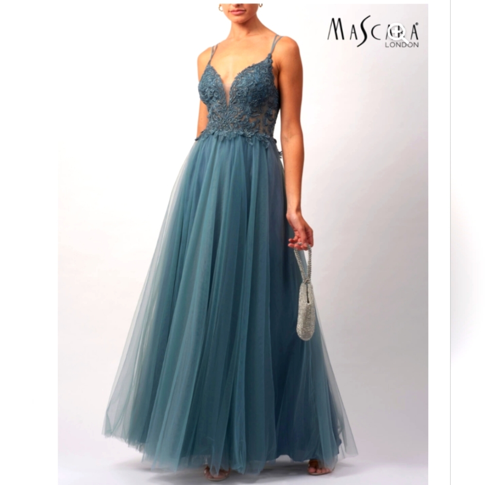 Lace and tulle blue formal dress